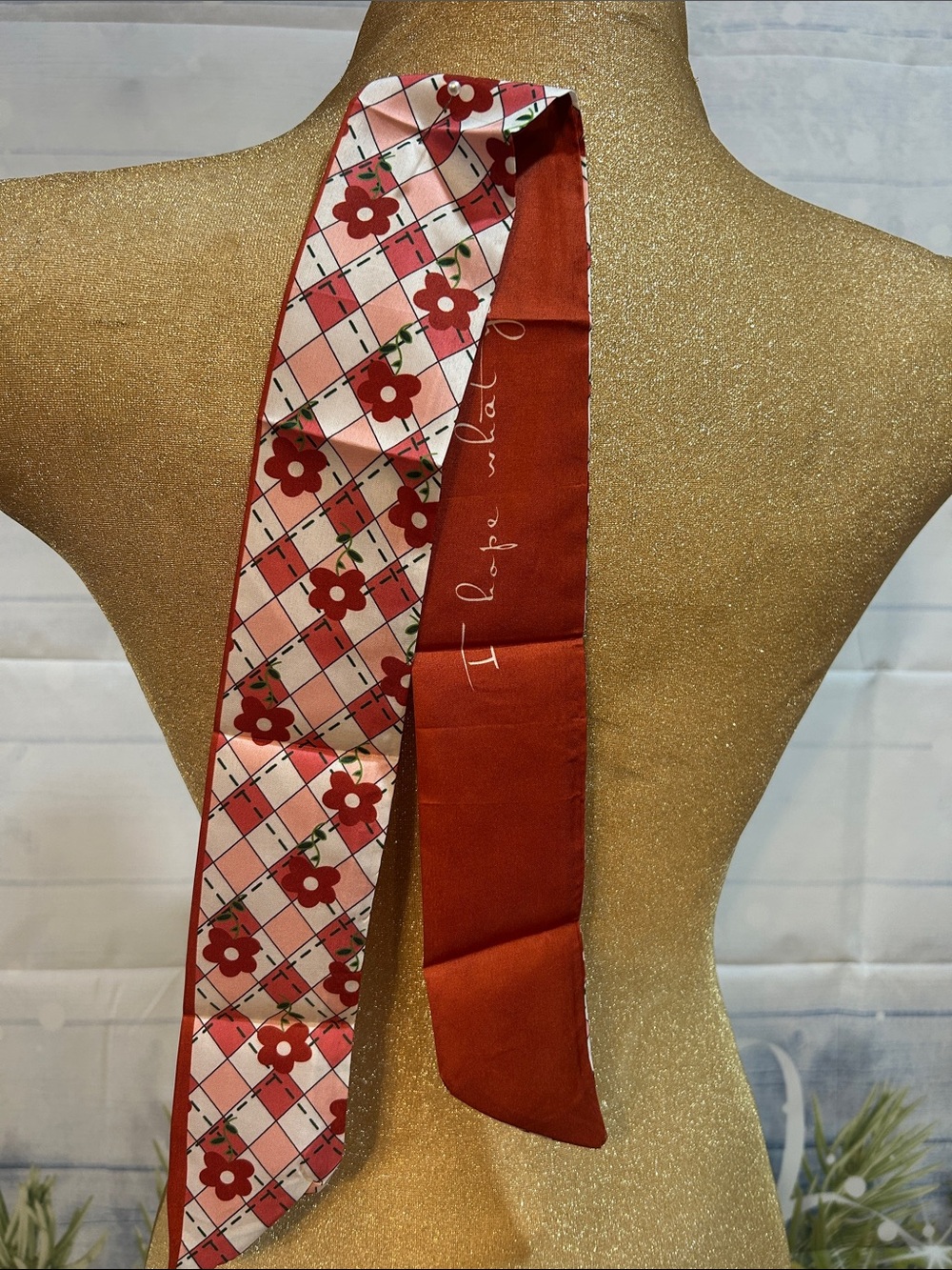 Floral Argyle Silk Twilly Scarf in Red and Pink